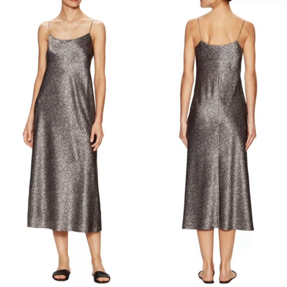 Vince 100% Silk Gray Floral Satin Slip Dress Size L